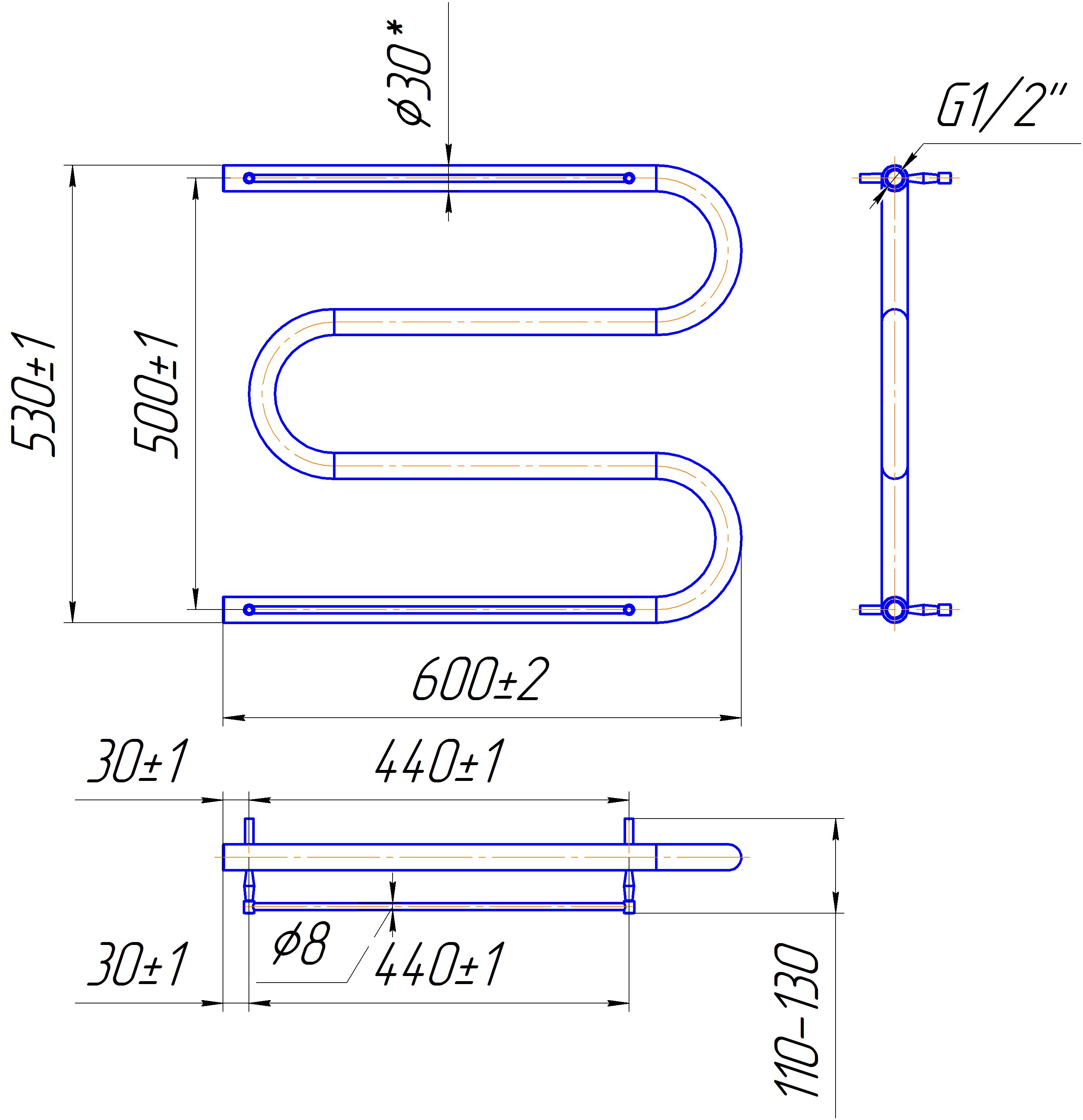 Водяна рушникосушарка Inox Змійка 30 530х600/500 полички (Білий мат) 2